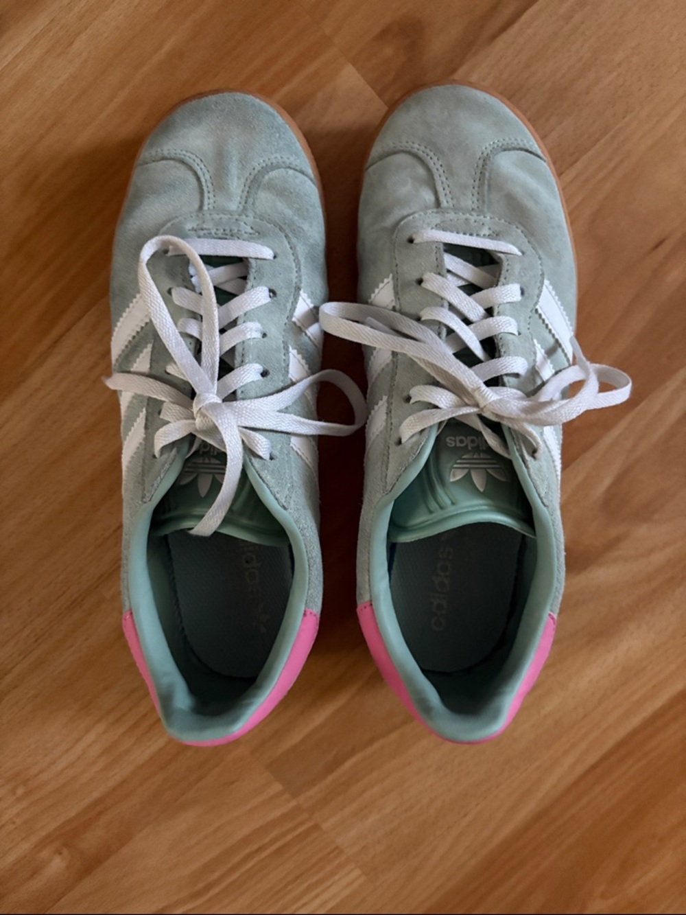 adidas Mint Green Suede Sneakers with White Stripes and Pink Heel